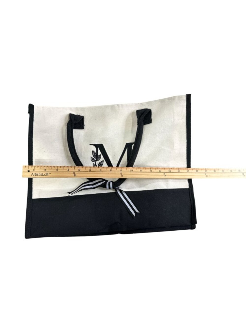 Canvas Tote Bag Set With Monogrammed Pouch Black & Cream Striped Bow Accent Zipp - Picture 6 of 8